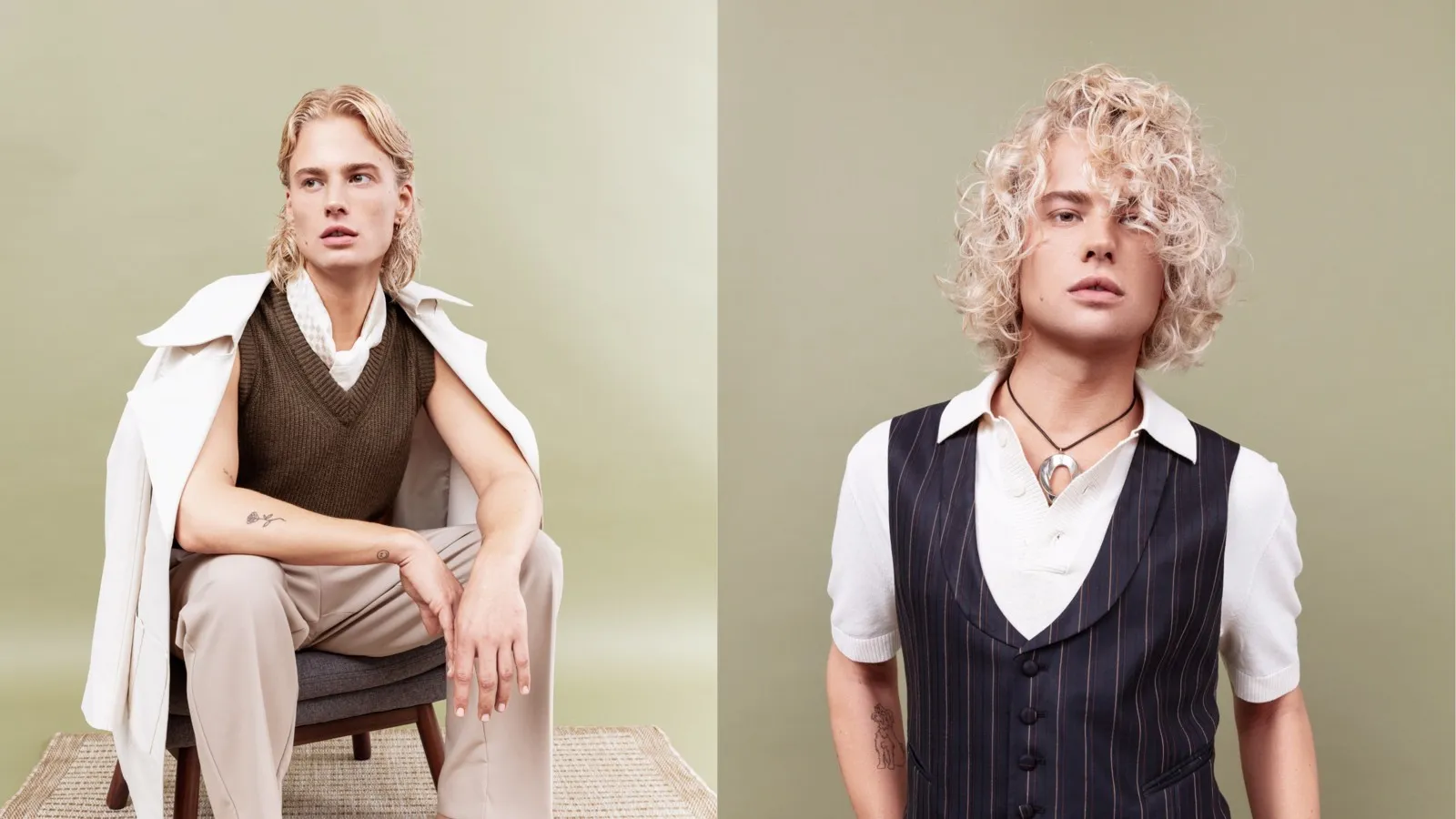 Zwei junge Männer mit mittellangem blonden Haar tragen ihre lockigen Haare im Retro-Style.